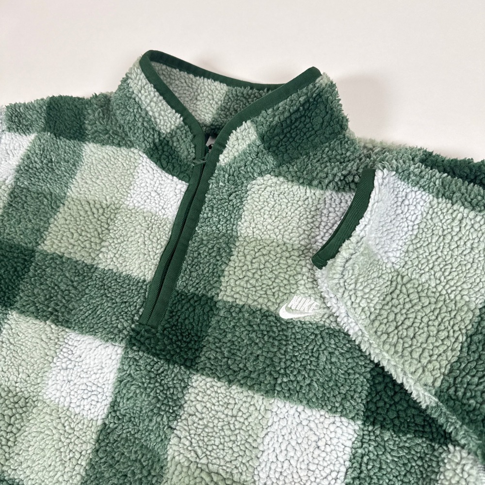Nike Sweater Mens Large Green Plaid Club Fleece Winterized Half Zip Sherpa
